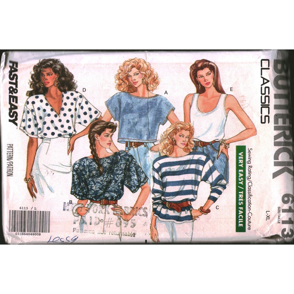 Vintage Butterick 6113 Classics Sewing Pattern Misses Tops Blouse Tank Size L-XL
